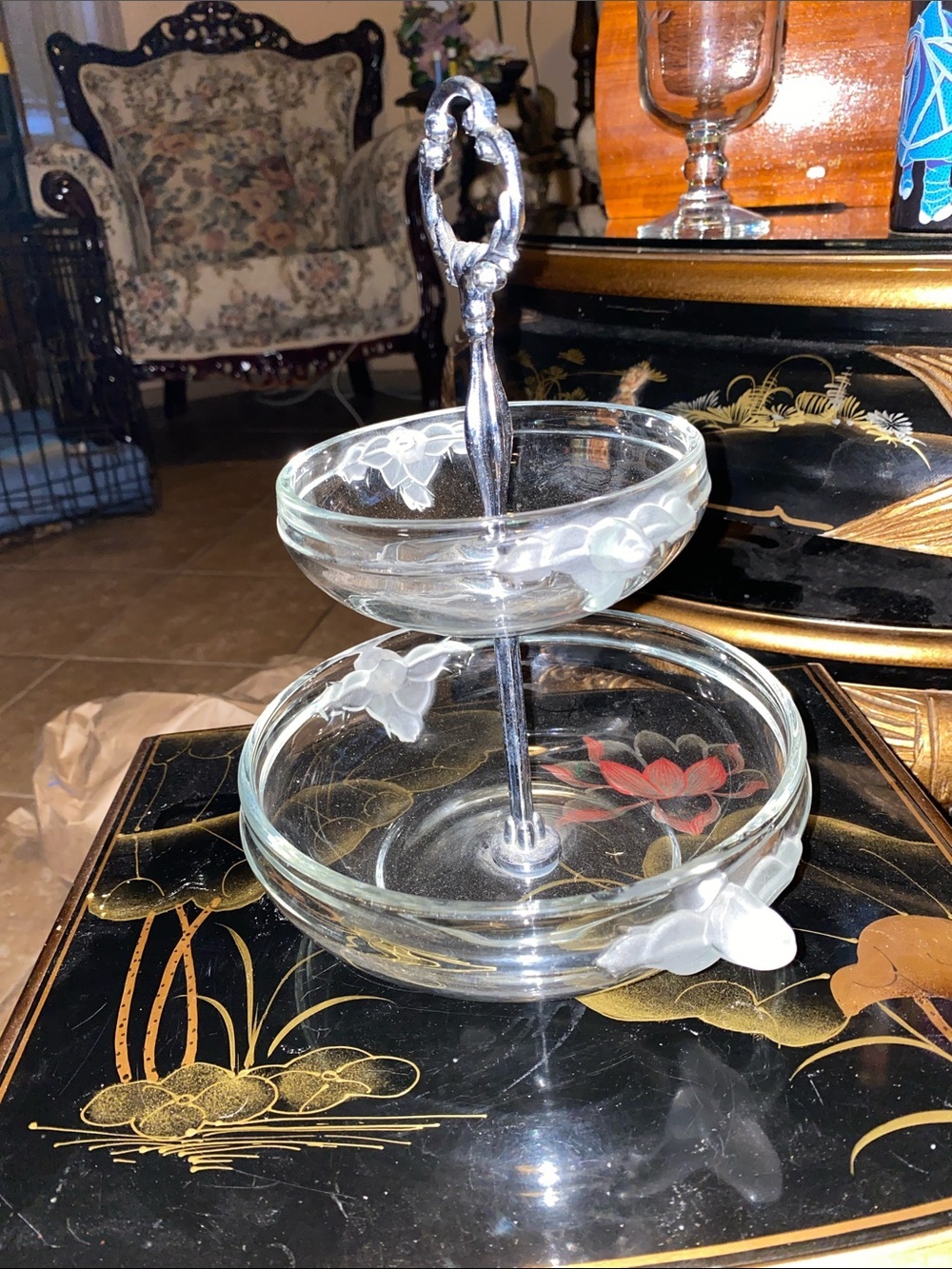 Vintage Mikassa Satin Rose Crystal Two-Tier Serving Tray made by Walther K - Picture 1 of 10